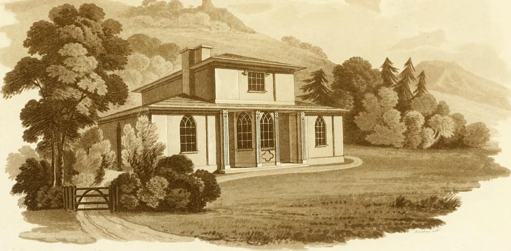 An illustration from Sketches in architecture : consisting of original designs for cottages and rural dwellings, suitable to persons of moderate fortune, and for convenient retirement : with plans and appropriate scenery to each : on twenty plates : with some general observations, 1807, leaf 44