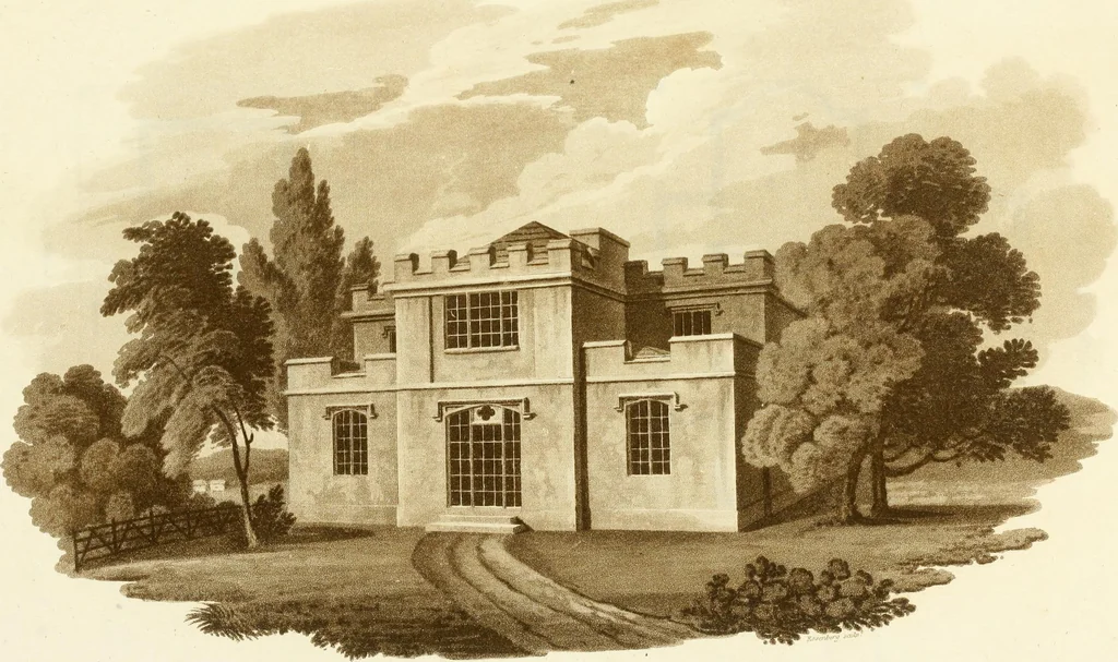 An illustration from Sketches in architecture : consisting of original designs for cottages and rural dwellings, suitable to persons of moderate fortune, and for convenient retirement : with plans and appropriate scenery to each : on twenty plates : with some general observations, 1807, leaf 54