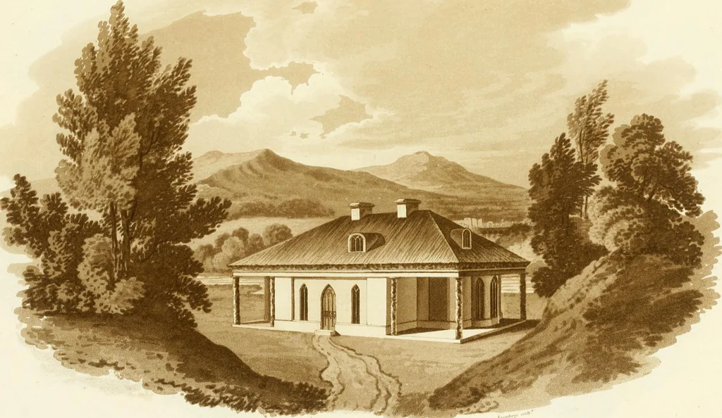 An illustration from Sketches in architecture : consisting of original designs for cottages and rural dwellings, suitable to persons of moderate fortune, and for convenient retirement : with plans and appropriate scenery to each : on twenty plates : with some general observations, 1807, leaf 58