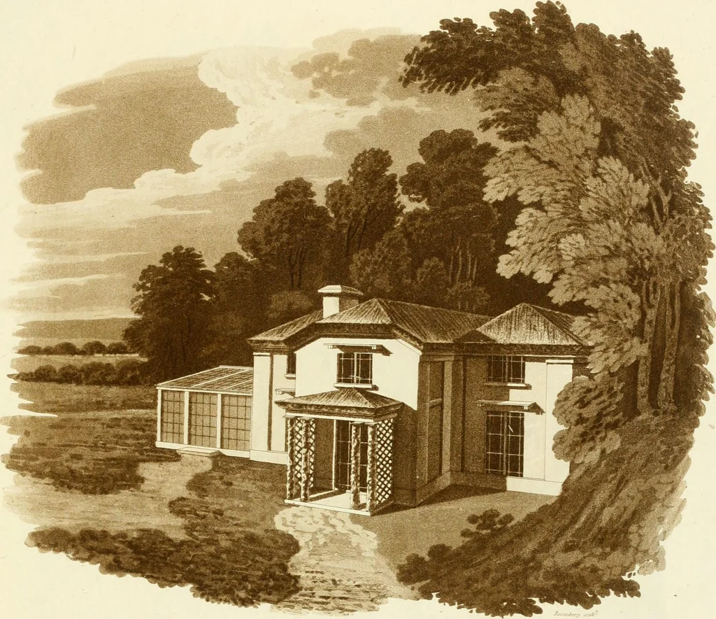 An illustration from Sketches in architecture : consisting of original designs for cottages and rural dwellings, suitable to persons of moderate fortune, and for convenient retirement : with plans and appropriate scenery to each : on twenty plates : with some general observations, 1807, leaf 64