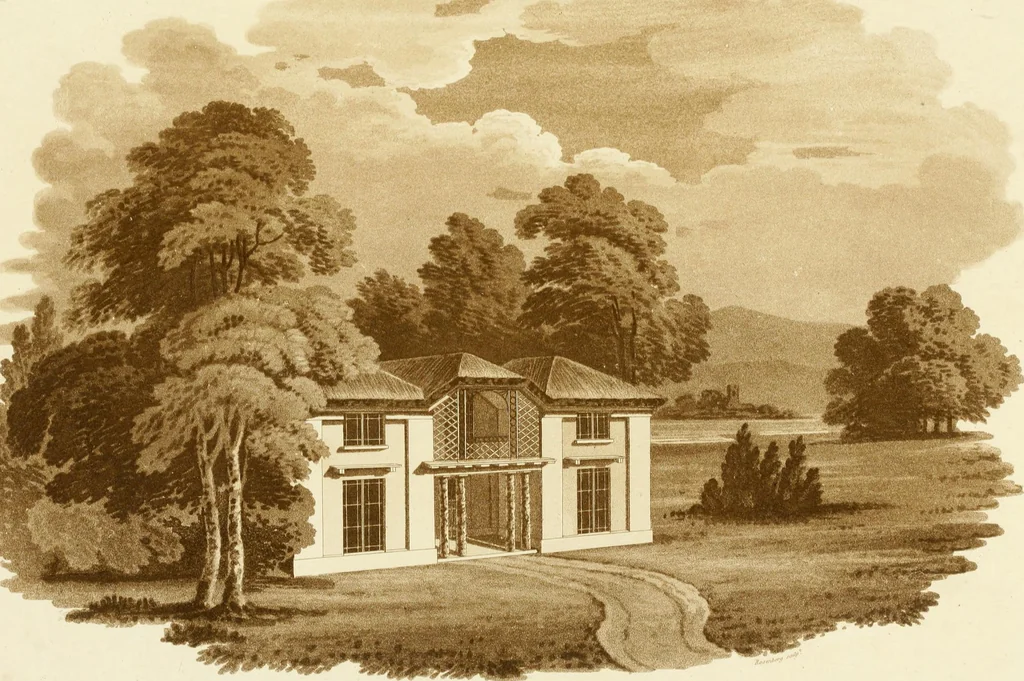 An illustration from Sketches in architecture : consisting of original designs for cottages and rural dwellings, suitable to persons of moderate fortune, and for convenient retirement : with plans and appropriate scenery to each : on twenty plates : with some general observations, 1807, leaf 66