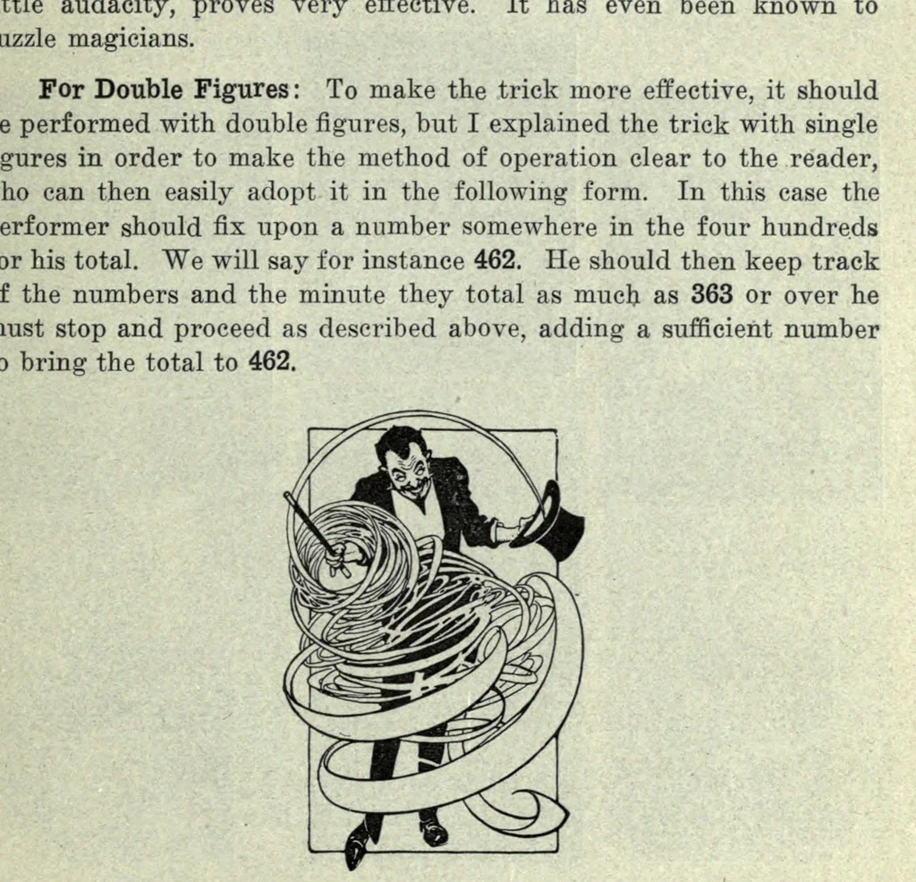 An illustration from Sleights; being a number of incidental effects, tricks, sleights, moves and passes, for purposes ranging from impromptu to platform performances, 1914, leaf 17