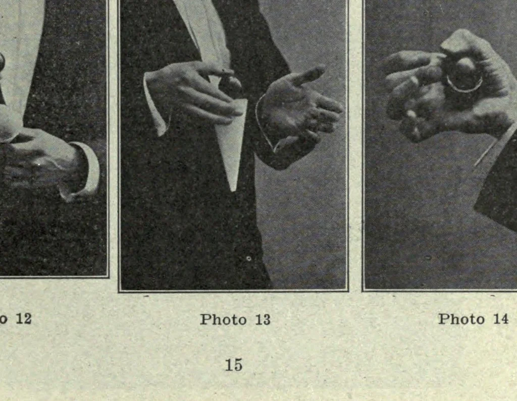 An illustration from Sleights; being a number of incidental effects, tricks, sleights, moves and passes, for purposes ranging from impromptu to platform performances, 1914, leaf 19