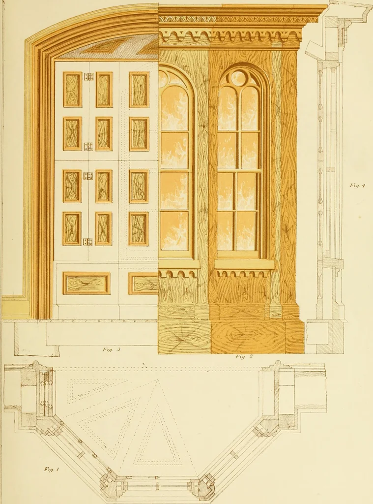 An illustration from Sloan's constructive architecture : a guide to the practical builder and mechanic. In which is contained a series of designs for domes, roofs and spires, with a number of plates showing the interior construction and finish of bays, window shutters, sliding doors, etc., designed expressly for the joiners use; choice examples of the five orders of architecture, selected fromthe most celebrated specimens of antiquity, with the figured dimensions of their height, projection and profile, and their division into parts,; to which is added a number of useful geometrical problems, examples of groins, centering for arches, diagrams of stair lines, with architraves, door mouldings, etc., the whole being accompanied by explanatory text and general essays, to which is appended a copious glossay, 1859, leaf 112