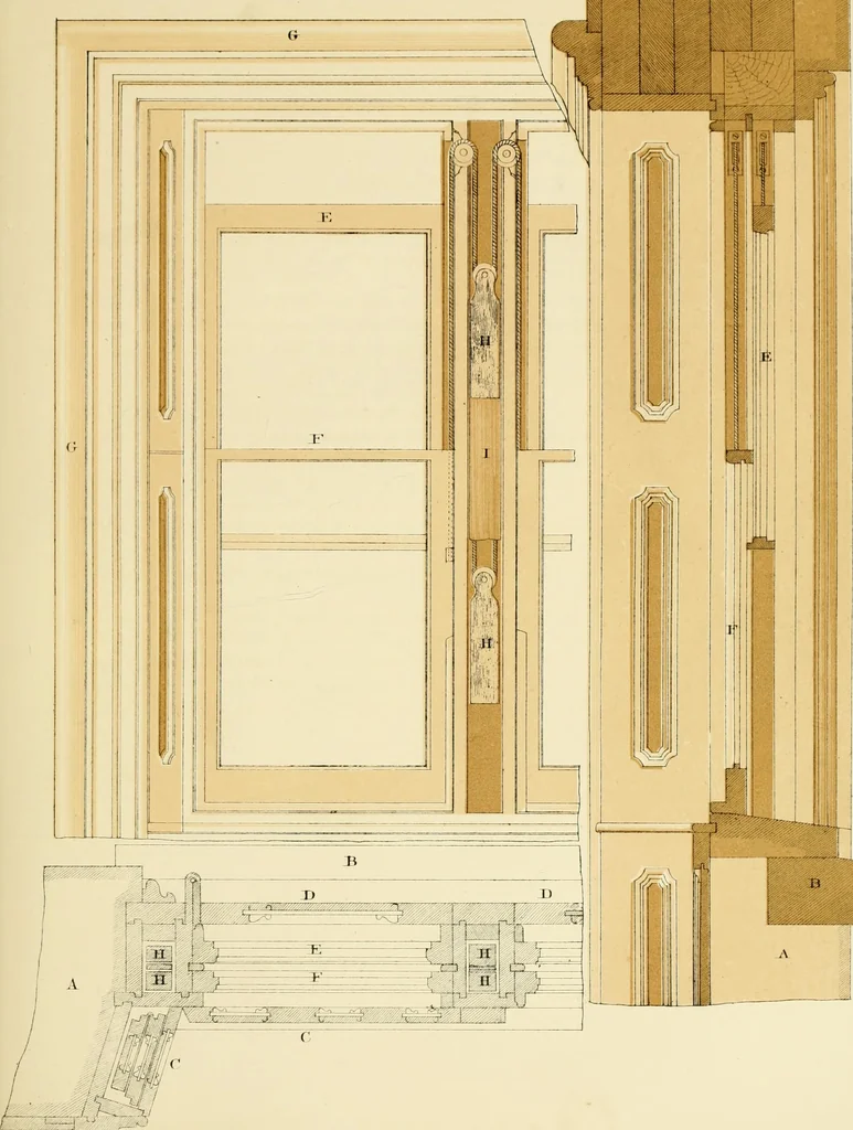 An illustration from Sloan's constructive architecture : a guide to the practical builder and mechanic. In which is contained a series of designs for domes, roofs and spires, with a number of plates showing the interior construction and finish of bays, window shutters, sliding doors, etc., designed expressly for the joiners use; choice examples of the five orders of architecture, selected fromthe most celebrated specimens of antiquity, with the figured dimensions of their height, projection and profile, and their division into parts,; to which is added a number of useful geometrical problems, examples of groins, centering for arches, diagrams of stair lines, with architraves, door mouldings, etc., the whole being accompanied by explanatory text and general essays, to which is appended a copious glossay, 1859, leaf 116