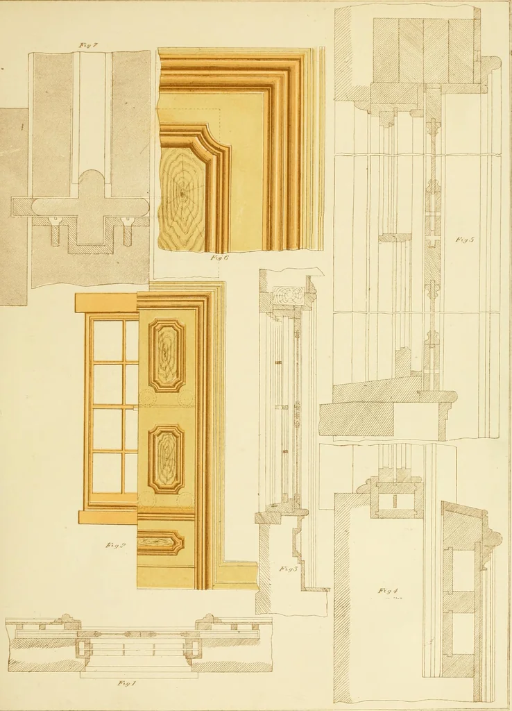 An illustration from Sloan's constructive architecture : a guide to the practical builder and mechanic. In which is contained a series of designs for domes, roofs and spires, with a number of plates showing the interior construction and finish of bays, window shutters, sliding doors, etc., designed expressly for the joiners use; choice examples of the five orders of architecture, selected fromthe most celebrated specimens of antiquity, with the figured dimensions of their height, projection and profile, and their division into parts,; to which is added a number of useful geometrical problems, examples of groins, centering for arches, diagrams of stair lines, with architraves, door mouldings, etc., the whole being accompanied by explanatory text and general essays, to which is appended a copious glossay, 1859, leaf 120