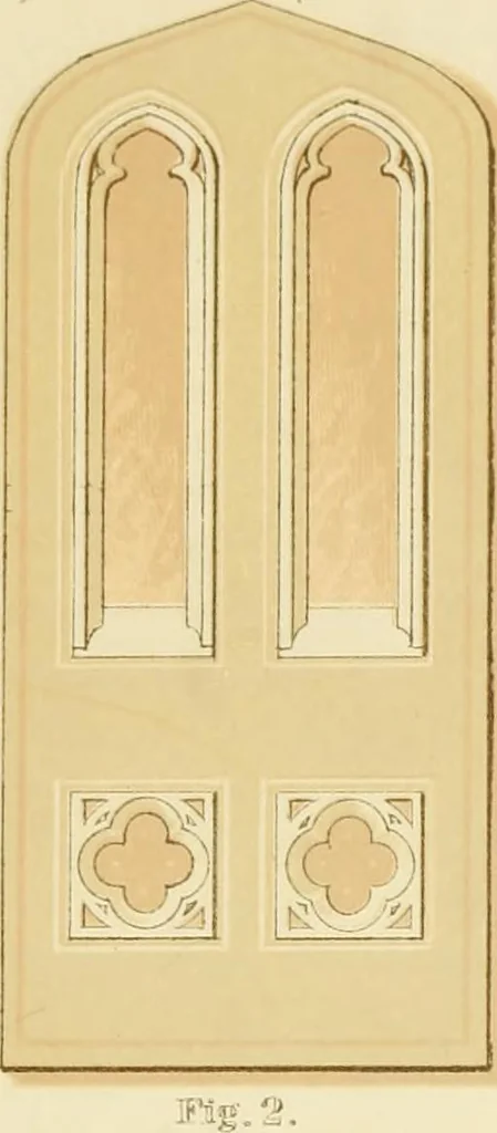 An illustration from Sloan's constructive architecture : a guide to the practical builder and mechanic. In which is contained a series of designs for domes, roofs and spires, with a number of plates showing the interior construction and finish of bays, window shutters, sliding doors, etc., designed expressly for the joiners use; choice examples of the five orders of architecture, selected fromthe most celebrated specimens of antiquity, with the figured dimensions of their height, projection and profile, and their division into parts,; to which is added a number of useful geometrical problems, examples of groins, centering for arches, diagrams of stair lines, with architraves, door mouldings, etc., the whole being accompanied by explanatory text and general essays, to which is appended a copious glossay, 1859, leaf 132