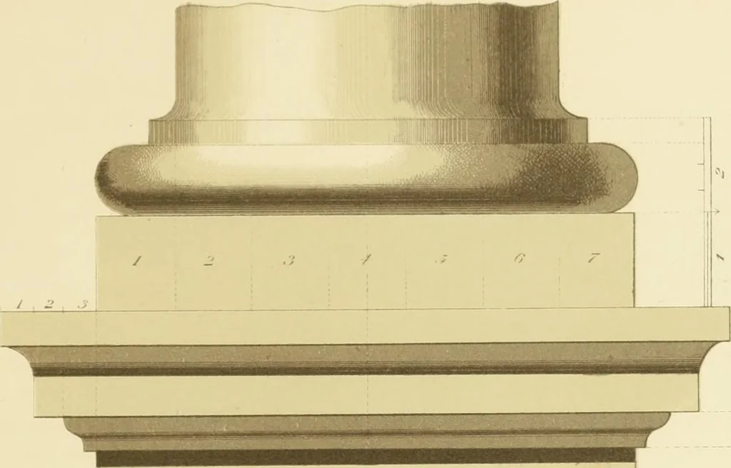 An illustration from Sloan's constructive architecture : a guide to the practical builder and mechanic. In which is contained a series of designs for domes, roofs and spires, with a number of plates showing the interior construction and finish of bays, window shutters, sliding doors, etc., designed expressly for the joiners use; choice examples of the five orders of architecture, selected fromthe most celebrated specimens of antiquity, with the figured dimensions of their height, projection and profile, and their division into parts,; to which is added a number of useful geometrical problems, examples of groins, centering for arches, diagrams of stair lines, with architraves, door mouldings, etc., the whole being accompanied by explanatory text and general essays, to which is appended a copious glossay, 1859, leaf 152