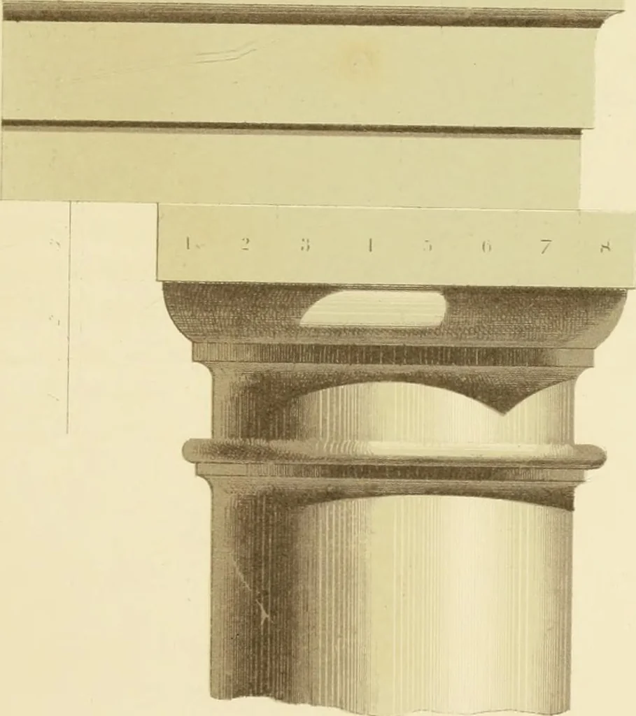 An illustration from Sloan's constructive architecture : a guide to the practical builder and mechanic. In which is contained a series of designs for domes, roofs and spires, with a number of plates showing the interior construction and finish of bays, window shutters, sliding doors, etc., designed expressly for the joiners use; choice examples of the five orders of architecture, selected fromthe most celebrated specimens of antiquity, with the figured dimensions of their height, projection and profile, and their division into parts,; to which is added a number of useful geometrical problems, examples of groins, centering for arches, diagrams of stair lines, with architraves, door mouldings, etc., the whole being accompanied by explanatory text and general essays, to which is appended a copious glossay, 1859, leaf 156