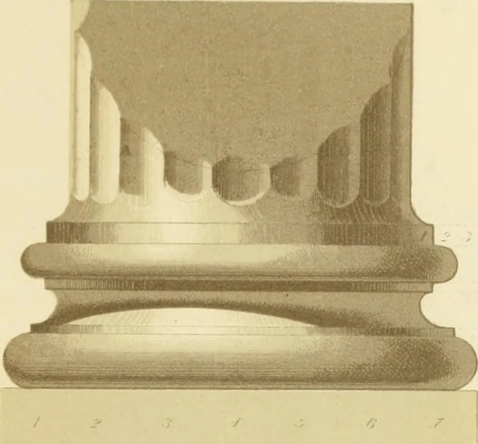 An illustration from Sloan's constructive architecture : a guide to the practical builder and mechanic. In which is contained a series of designs for domes, roofs and spires, with a number of plates showing the interior construction and finish of bays, window shutters, sliding doors, etc., designed expressly for the joiners use; choice examples of the five orders of architecture, selected fromthe most celebrated specimens of antiquity, with the figured dimensions of their height, projection and profile, and their division into parts,; to which is added a number of useful geometrical problems, examples of groins, centering for arches, diagrams of stair lines, with architraves, door mouldings, etc., the whole being accompanied by explanatory text and general essays, to which is appended a copious glossay, 1859, leaf 160