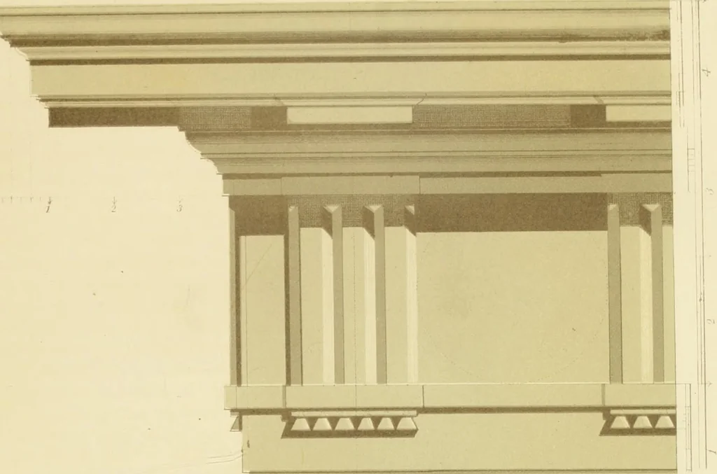 An illustration from Sloan's constructive architecture : a guide to the practical builder and mechanic. In which is contained a series of designs for domes, roofs and spires, with a number of plates showing the interior construction and finish of bays, window shutters, sliding doors, etc., designed expressly for the joiners use; choice examples of the five orders of architecture, selected fromthe most celebrated specimens of antiquity, with the figured dimensions of their height, projection and profile, and their division into parts,; to which is added a number of useful geometrical problems, examples of groins, centering for arches, diagrams of stair lines, with architraves, door mouldings, etc., the whole being accompanied by explanatory text and general essays, to which is appended a copious glossay, 1859, leaf 164