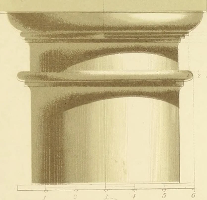 An illustration from Sloan's constructive architecture : a guide to the practical builder and mechanic. In which is contained a series of designs for domes, roofs and spires, with a number of plates showing the interior construction and finish of bays, window shutters, sliding doors, etc., designed expressly for the joiners use; choice examples of the five orders of architecture, selected fromthe most celebrated specimens of antiquity, with the figured dimensions of their height, projection and profile, and their division into parts,; to which is added a number of useful geometrical problems, examples of groins, centering for arches, diagrams of stair lines, with architraves, door mouldings, etc., the whole being accompanied by explanatory text and general essays, to which is appended a copious glossay, 1859, leaf 164