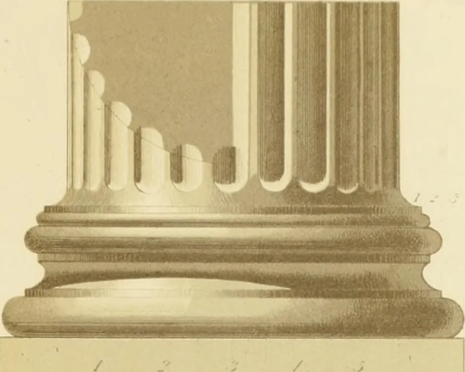 An illustration from Sloan's constructive architecture : a guide to the practical builder and mechanic. In which is contained a series of designs for domes, roofs and spires, with a number of plates showing the interior construction and finish of bays, window shutters, sliding doors, etc., designed expressly for the joiners use; choice examples of the five orders of architecture, selected fromthe most celebrated specimens of antiquity, with the figured dimensions of their height, projection and profile, and their division into parts,; to which is added a number of useful geometrical problems, examples of groins, centering for arches, diagrams of stair lines, with architraves, door mouldings, etc., the whole being accompanied by explanatory text and general essays, to which is appended a copious glossay, 1859, leaf 168