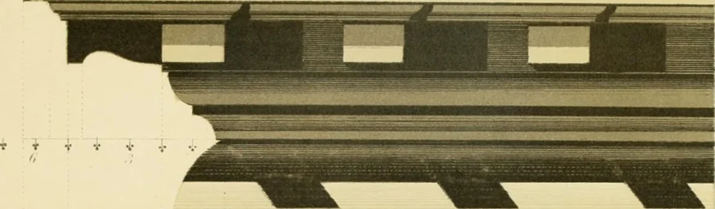 An illustration from Sloan's constructive architecture : a guide to the practical builder and mechanic. In which is contained a series of designs for domes, roofs and spires, with a number of plates showing the interior construction and finish of bays, window shutters, sliding doors, etc., designed expressly for the joiners use; choice examples of the five orders of architecture, selected fromthe most celebrated specimens of antiquity, with the figured dimensions of their height, projection and profile, and their division into parts,; to which is added a number of useful geometrical problems, examples of groins, centering for arches, diagrams of stair lines, with architraves, door mouldings, etc., the whole being accompanied by explanatory text and general essays, to which is appended a copious glossay, 1859, leaf 172