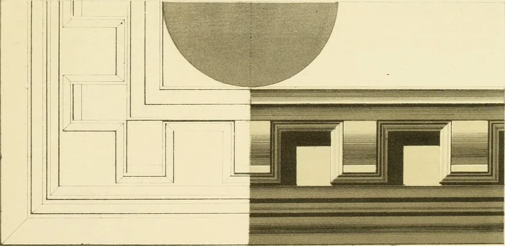An illustration from Sloan's constructive architecture : a guide to the practical builder and mechanic. In which is contained a series of designs for domes, roofs and spires, with a number of plates showing the interior construction and finish of bays, window shutters, sliding doors, etc., designed expressly for the joiners use; choice examples of the five orders of architecture, selected fromthe most celebrated specimens of antiquity, with the figured dimensions of their height, projection and profile, and their division into parts,; to which is added a number of useful geometrical problems, examples of groins, centering for arches, diagrams of stair lines, with architraves, door mouldings, etc., the whole being accompanied by explanatory text and general essays, to which is appended a copious glossay, 1859, leaf 172