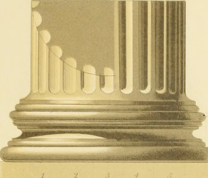 An illustration from Sloan's constructive architecture : a guide to the practical builder and mechanic. In which is contained a series of designs for domes, roofs and spires, with a number of plates showing the interior construction and finish of bays, window shutters, sliding doors, etc., designed expressly for the joiners use; choice examples of the five orders of architecture, selected fromthe most celebrated specimens of antiquity, with the figured dimensions of their height, projection and profile, and their division into parts,; to which is added a number of useful geometrical problems, examples of groins, centering for arches, diagrams of stair lines, with architraves, door mouldings, etc., the whole being accompanied by explanatory text and general essays, to which is appended a copious glossay, 1859, leaf 176