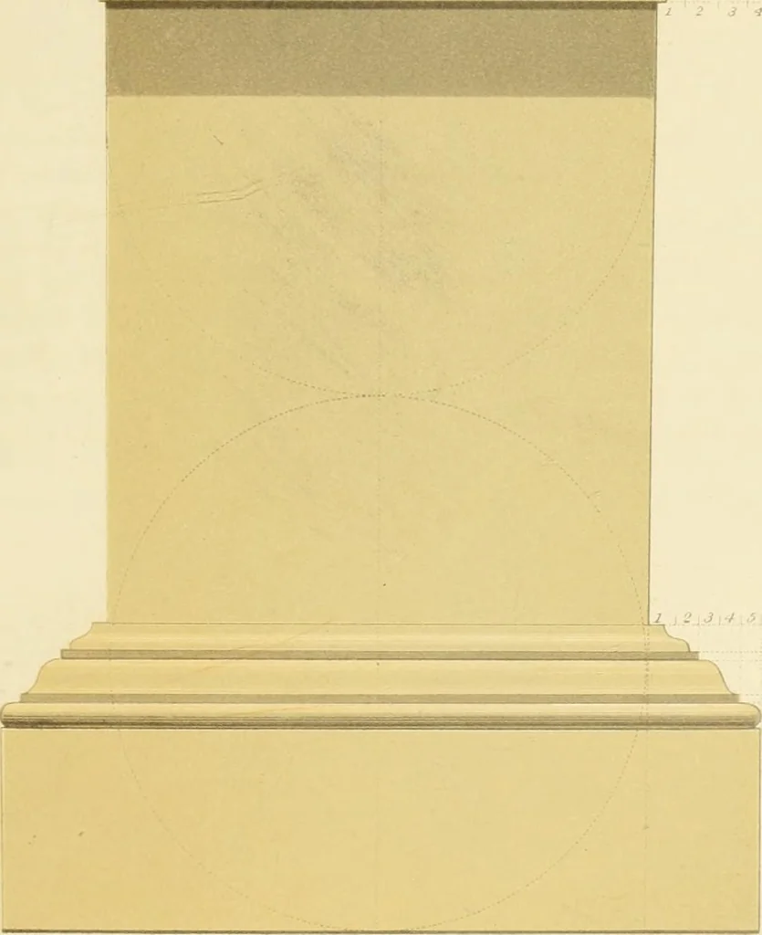 An illustration from Sloan's constructive architecture : a guide to the practical builder and mechanic. In which is contained a series of designs for domes, roofs and spires, with a number of plates showing the interior construction and finish of bays, window shutters, sliding doors, etc., designed expressly for the joiners use; choice examples of the five orders of architecture, selected fromthe most celebrated specimens of antiquity, with the figured dimensions of their height, projection and profile, and their division into parts,; to which is added a number of useful geometrical problems, examples of groins, centering for arches, diagrams of stair lines, with architraves, door mouldings, etc., the whole being accompanied by explanatory text and general essays, to which is appended a copious glossay, 1859, leaf 176
