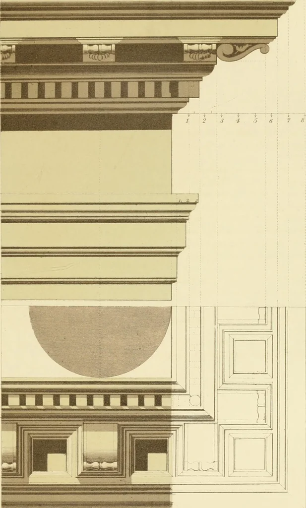 An illustration from Sloan's constructive architecture : a guide to the practical builder and mechanic. In which is contained a series of designs for domes, roofs and spires, with a number of plates showing the interior construction and finish of bays, window shutters, sliding doors, etc., designed expressly for the joiners use; choice examples of the five orders of architecture, selected fromthe most celebrated specimens of antiquity, with the figured dimensions of their height, projection and profile, and their division into parts,; to which is added a number of useful geometrical problems, examples of groins, centering for arches, diagrams of stair lines, with architraves, door mouldings, etc., the whole being accompanied by explanatory text and general essays, to which is appended a copious glossay, 1859, leaf 180