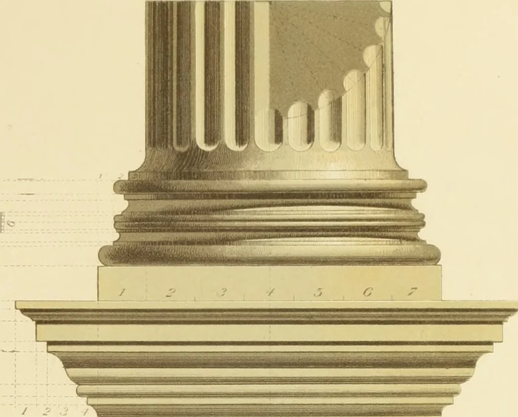 An illustration from Sloan's constructive architecture : a guide to the practical builder and mechanic. In which is contained a series of designs for domes, roofs and spires, with a number of plates showing the interior construction and finish of bays, window shutters, sliding doors, etc., designed expressly for the joiners use; choice examples of the five orders of architecture, selected fromthe most celebrated specimens of antiquity, with the figured dimensions of their height, projection and profile, and their division into parts,; to which is added a number of useful geometrical problems, examples of groins, centering for arches, diagrams of stair lines, with architraves, door mouldings, etc., the whole being accompanied by explanatory text and general essays, to which is appended a copious glossay, 1859, leaf 184