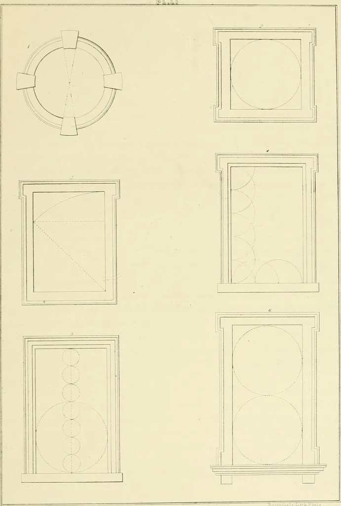 An illustration from Sloan's constructive architecture : a guide to the practical builder and mechanic. In which is contained a series of designs for domes, roofs and spires, with a number of plates showing the interior construction and finish of bays, window shutters, sliding doors, etc., designed expressly for the joiners use; choice examples of the five orders of architecture, selected fromthe most celebrated specimens of antiquity, with the figured dimensions of their height, projection and profile, and their division into parts,; to which is added a number of useful geometrical problems, examples of groins, centering for arches, diagrams of stair lines, with architraves, door mouldings, etc., the whole being accompanied by explanatory text and general essays, to which is appended a copious glossay, 1859, leaf 210