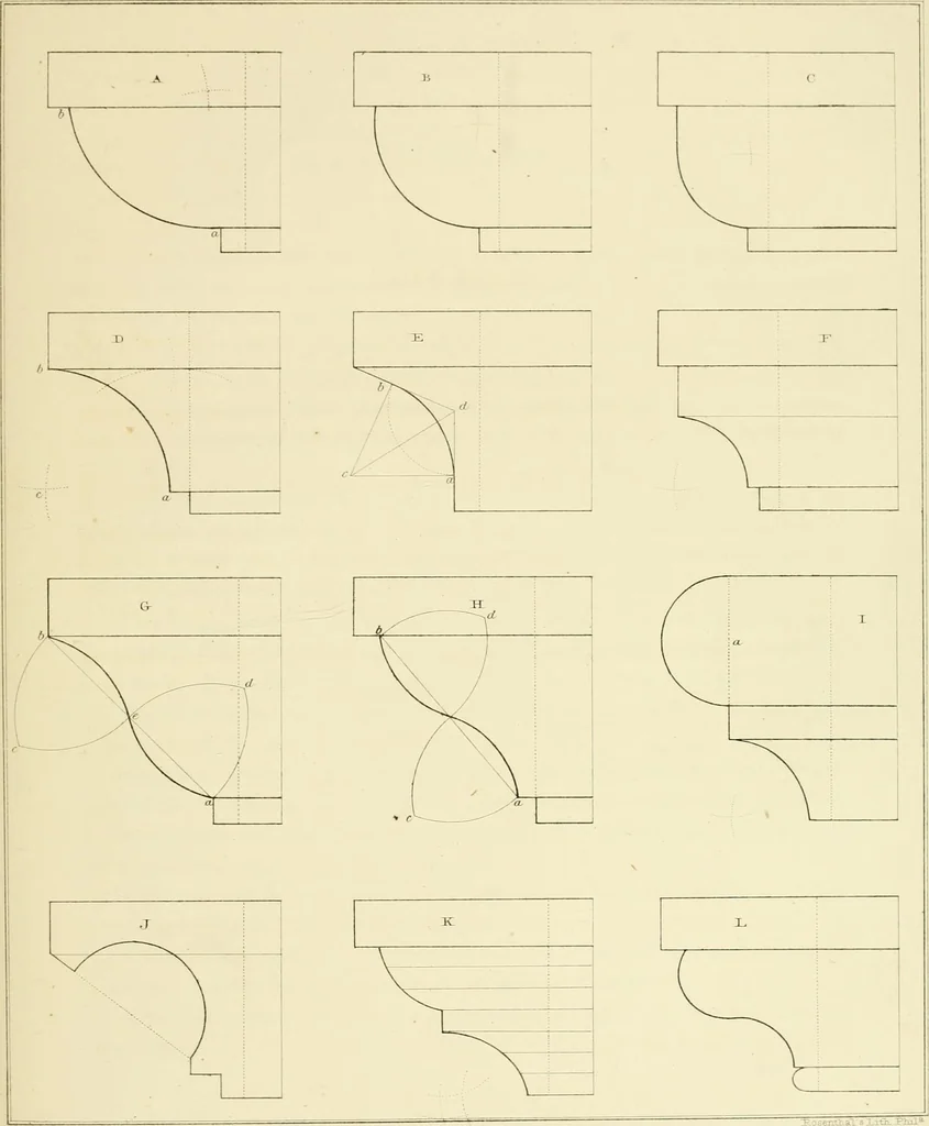 An illustration from Sloan's constructive architecture : a guide to the practical builder and mechanic. In which is contained a series of designs for domes, roofs and spires, with a number of plates showing the interior construction and finish of bays, window shutters, sliding doors, etc., designed expressly for the joiners use; choice examples of the five orders of architecture, selected fromthe most celebrated specimens of antiquity, with the figured dimensions of their height, projection and profile, and their division into parts,; to which is added a number of useful geometrical problems, examples of groins, centering for arches, diagrams of stair lines, with architraves, door mouldings, etc., the whole being accompanied by explanatory text and general essays, to which is appended a copious glossay, 1859, leaf 218
