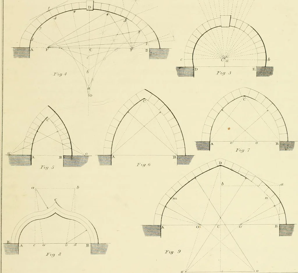 An illustration from Sloan's constructive architecture : a guide to the practical builder and mechanic. In which is contained a series of designs for domes, roofs and spires, with a number of plates showing the interior construction and finish of bays, window shutters, sliding doors, etc., designed expressly for the joiners use; choice examples of the five orders of architecture, selected fromthe most celebrated specimens of antiquity, with the figured dimensions of their height, projection and profile, and their division into parts,; to which is added a number of useful geometrical problems, examples of groins, centering for arches, diagrams of stair lines, with architraves, door mouldings, etc., the whole being accompanied by explanatory text and general essays, to which is appended a copious glossay, 1859, leaf 236