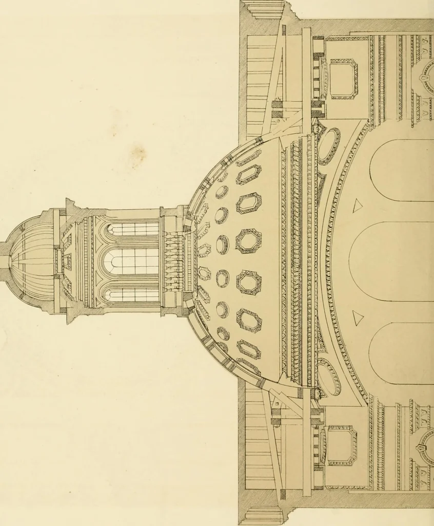 An illustration from Sloan's constructive architecture : a guide to the practical builder and mechanic. In which is contained a series of designs for domes, roofs and spires, with a number of plates showing the interior construction and finish of bays, window shutters, sliding doors, etc., designed expressly for the joiners use; choice examples of the five orders of architecture, selected fromthe most celebrated specimens of antiquity, with the figured dimensions of their height, projection and profile, and their division into parts,; to which is added a number of useful geometrical problems, examples of groins, centering for arches, diagrams of stair lines, with architraves, door mouldings, etc., the whole being accompanied by explanatory text and general essays, to which is appended a copious glossay, 1859, leaf 25