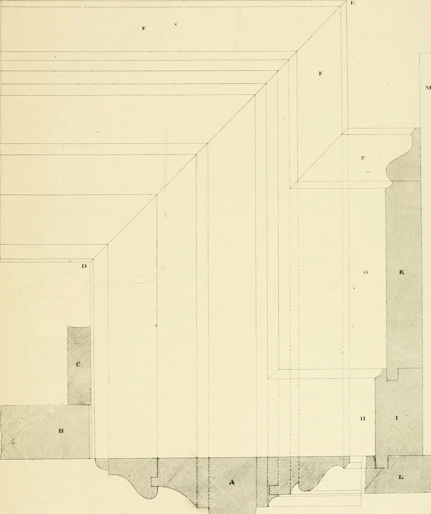 An illustration from Sloan's constructive architecture : a guide to the practical builder and mechanic. In which is contained a series of designs for domes, roofs and spires, with a number of plates showing the interior construction and finish of bays, window shutters, sliding doors, etc., designed expressly for the joiners use; choice examples of the five orders of architecture, selected fromthe most celebrated specimens of antiquity, with the figured dimensions of their height, projection and profile, and their division into parts,; to which is added a number of useful geometrical problems, examples of groins, centering for arches, diagrams of stair lines, with architraves, door mouldings, etc., the whole being accompanied by explanatory text and general essays, to which is appended a copious glossay, 1859, leaf 264