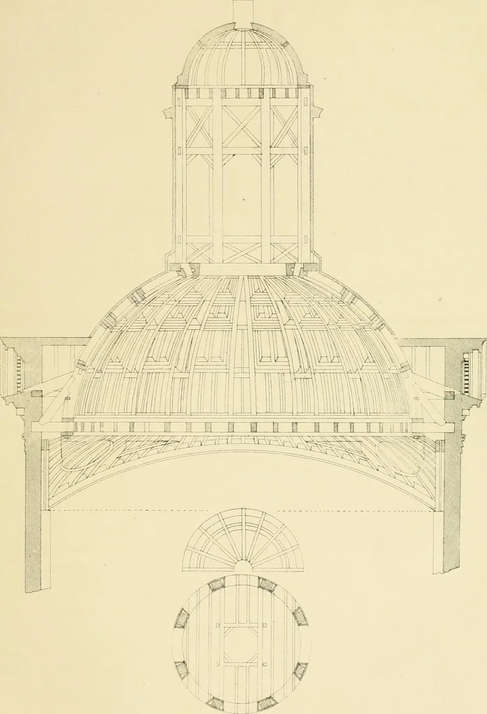 An illustration from Sloan's constructive architecture : a guide to the practical builder and mechanic. In which is contained a series of designs for domes, roofs and spires, with a number of plates showing the interior construction and finish of bays, window shutters, sliding doors, etc., designed expressly for the joiners use; choice examples of the five orders of architecture, selected fromthe most celebrated specimens of antiquity, with the figured dimensions of their height, projection and profile, and their division into parts,; to which is added a number of useful geometrical problems, examples of groins, centering for arches, diagrams of stair lines, with architraves, door mouldings, etc., the whole being accompanied by explanatory text and general essays, to which is appended a copious glossay, 1859, leaf 30