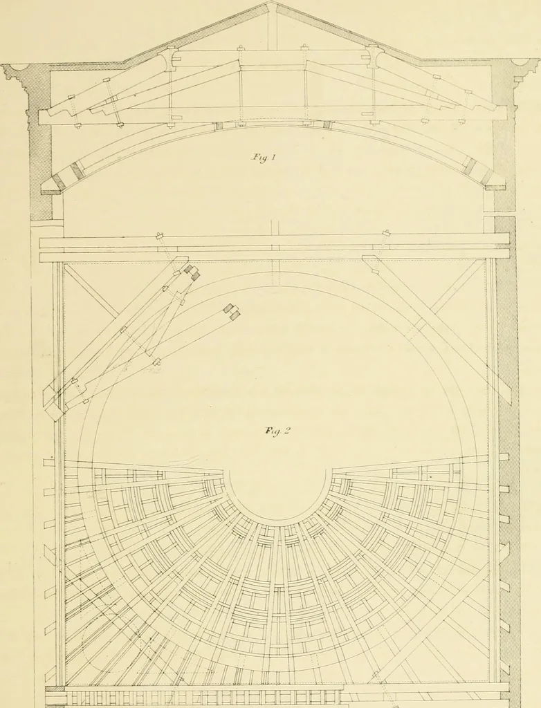 An illustration from Sloan's constructive architecture : a guide to the practical builder and mechanic. In which is contained a series of designs for domes, roofs and spires, with a number of plates showing the interior construction and finish of bays, window shutters, sliding doors, etc., designed expressly for the joiners use; choice examples of the five orders of architecture, selected fromthe most celebrated specimens of antiquity, with the figured dimensions of their height, projection and profile, and their division into parts,; to which is added a number of useful geometrical problems, examples of groins, centering for arches, diagrams of stair lines, with architraves, door mouldings, etc., the whole being accompanied by explanatory text and general essays, to which is appended a copious glossay, 1859, leaf 34