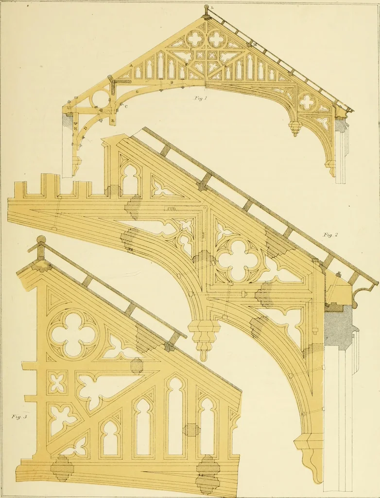 An illustration from Sloan's constructive architecture : a guide to the practical builder and mechanic. In which is contained a series of designs for domes, roofs and spires, with a number of plates showing the interior construction and finish of bays, window shutters, sliding doors, etc., designed expressly for the joiners use; choice examples of the five orders of architecture, selected fromthe most celebrated specimens of antiquity, with the figured dimensions of their height, projection and profile, and their division into parts,; to which is added a number of useful geometrical problems, examples of groins, centering for arches, diagrams of stair lines, with architraves, door mouldings, etc., the whole being accompanied by explanatory text and general essays, to which is appended a copious glossay, 1859, leaf 44