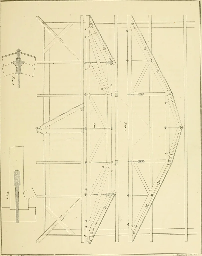 An illustration from Sloan's constructive architecture : a guide to the practical builder and mechanic. In which is contained a series of designs for domes, roofs and spires, with a number of plates showing the interior construction and finish of bays, window shutters, sliding doors, etc., designed expressly for the joiners use; choice examples of the five orders of architecture, selected fromthe most celebrated specimens of antiquity, with the figured dimensions of their height, projection and profile, and their division into parts,; to which is added a number of useful geometrical problems, examples of groins, centering for arches, diagrams of stair lines, with architraves, door mouldings, etc., the whole being accompanied by explanatory text and general essays, to which is appended a copious glossay, 1859, leaf 48