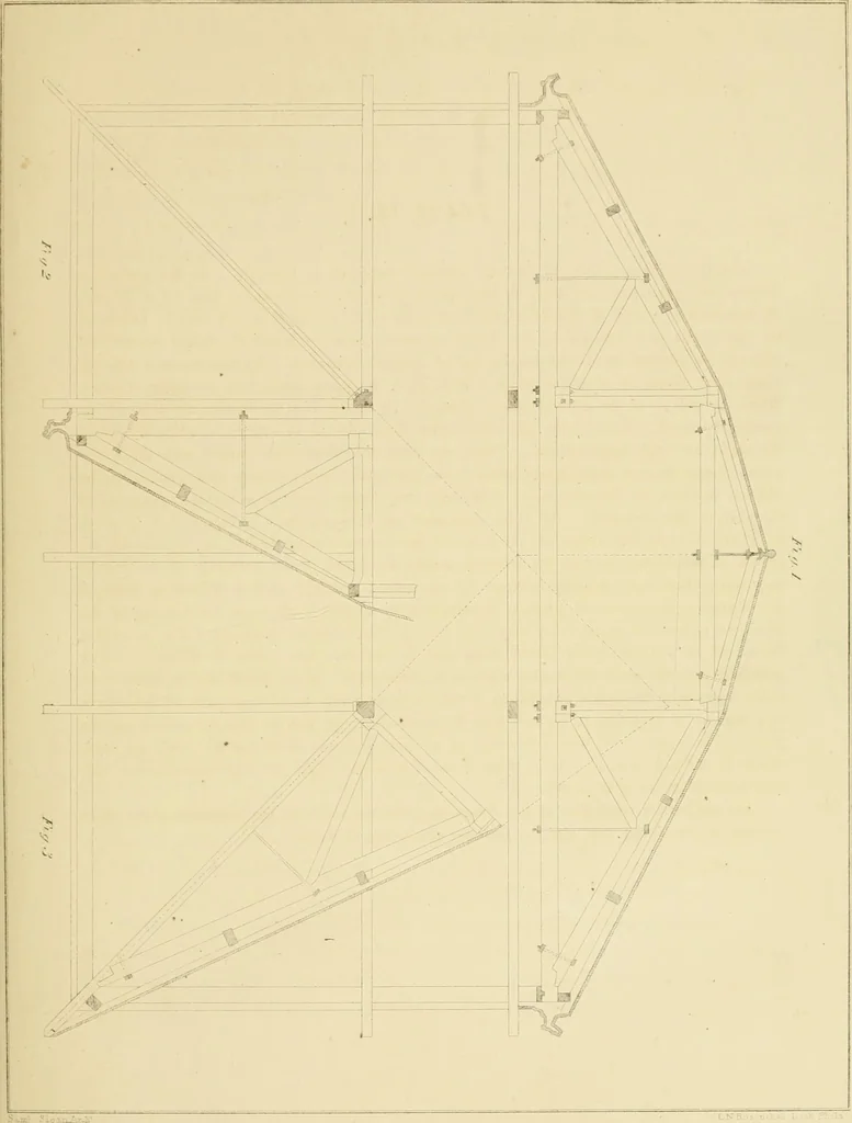 An illustration from Sloan's constructive architecture : a guide to the practical builder and mechanic. In which is contained a series of designs for domes, roofs and spires, with a number of plates showing the interior construction and finish of bays, window shutters, sliding doors, etc., designed expressly for the joiners use; choice examples of the five orders of architecture, selected fromthe most celebrated specimens of antiquity, with the figured dimensions of their height, projection and profile, and their division into parts,; to which is added a number of useful geometrical problems, examples of groins, centering for arches, diagrams of stair lines, with architraves, door mouldings, etc., the whole being accompanied by explanatory text and general essays, to which is appended a copious glossay, 1859, leaf 56
