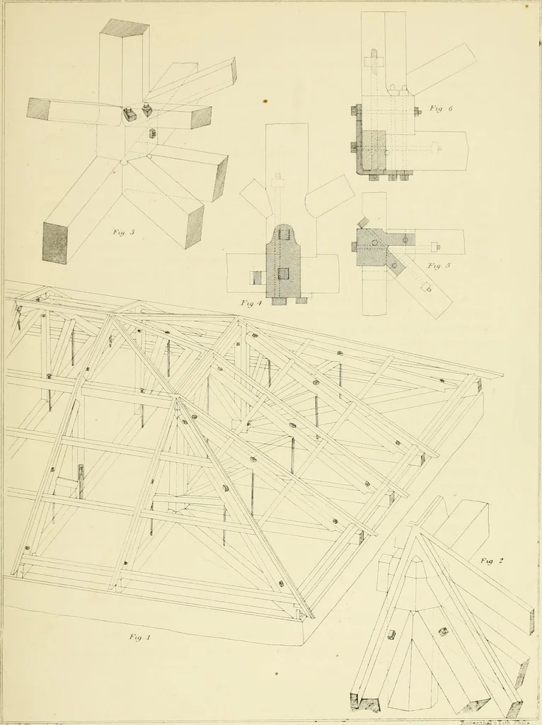 An illustration from Sloan's constructive architecture : a guide to the practical builder and mechanic. In which is contained a series of designs for domes, roofs and spires, with a number of plates showing the interior construction and finish of bays, window shutters, sliding doors, etc., designed expressly for the joiners use; choice examples of the five orders of architecture, selected fromthe most celebrated specimens of antiquity, with the figured dimensions of their height, projection and profile, and their division into parts,; to which is added a number of useful geometrical problems, examples of groins, centering for arches, diagrams of stair lines, with architraves, door mouldings, etc., the whole being accompanied by explanatory text and general essays, to which is appended a copious glossay, 1859, leaf 60