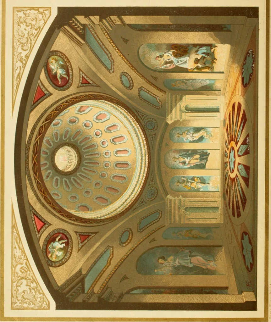 An illustration from Sloan's constructive architecture : a guide to the practical builder and mechanic. In which is contained a series of designs for domes, roofs and spires, with a number of plates showing the interior construction and finish of bays, window shutters, sliding doors, etc., designed expressly for the joiners use; choice examples of the five orders of architecture, selected fromthe most celebrated specimens of antiquity, with the figured dimensions of their height, projection and profile, and their division into parts,; to which is added a number of useful geometrical problems, examples of groins, centering for arches, diagrams of stair lines, with architraves, door mouldings, etc., the whole being accompanied by explanatory text and general essays, to which is appended a copious glossay, 1859, leaf 7