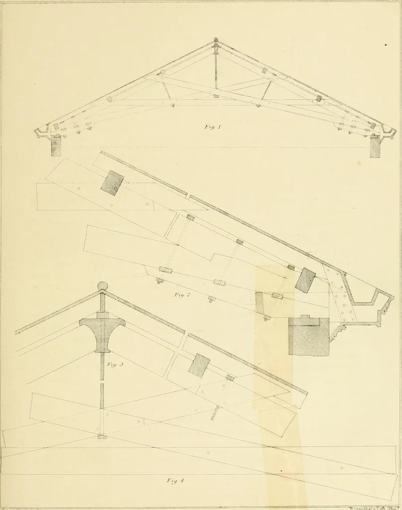 An illustration from Sloan's constructive architecture : a guide to the practical builder and mechanic. In which is contained a series of designs for domes, roofs and spires, with a number of plates showing the interior construction and finish of bays, window shutters, sliding doors, etc., designed expressly for the joiners use; choice examples of the five orders of architecture, selected fromthe most celebrated specimens of antiquity, with the figured dimensions of their height, projection and profile, and their division into parts,; to which is added a number of useful geometrical problems, examples of groins, centering for arches, diagrams of stair lines, with architraves, door mouldings, etc., the whole being accompanied by explanatory text and general essays, to which is appended a copious glossay, 1859, leaf 76