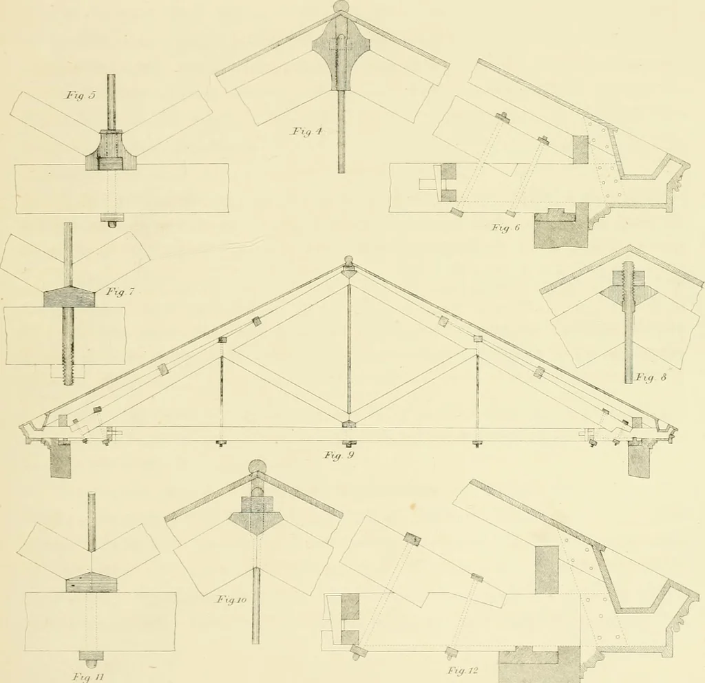 An illustration from Sloan's constructive architecture : a guide to the practical builder and mechanic. In which is contained a series of designs for domes, roofs and spires, with a number of plates showing the interior construction and finish of bays, window shutters, sliding doors, etc., designed expressly for the joiners use; choice examples of the five orders of architecture, selected fromthe most celebrated specimens of antiquity, with the figured dimensions of their height, projection and profile, and their division into parts,; to which is added a number of useful geometrical problems, examples of groins, centering for arches, diagrams of stair lines, with architraves, door mouldings, etc., the whole being accompanied by explanatory text and general essays, to which is appended a copious glossay, 1859, leaf 84