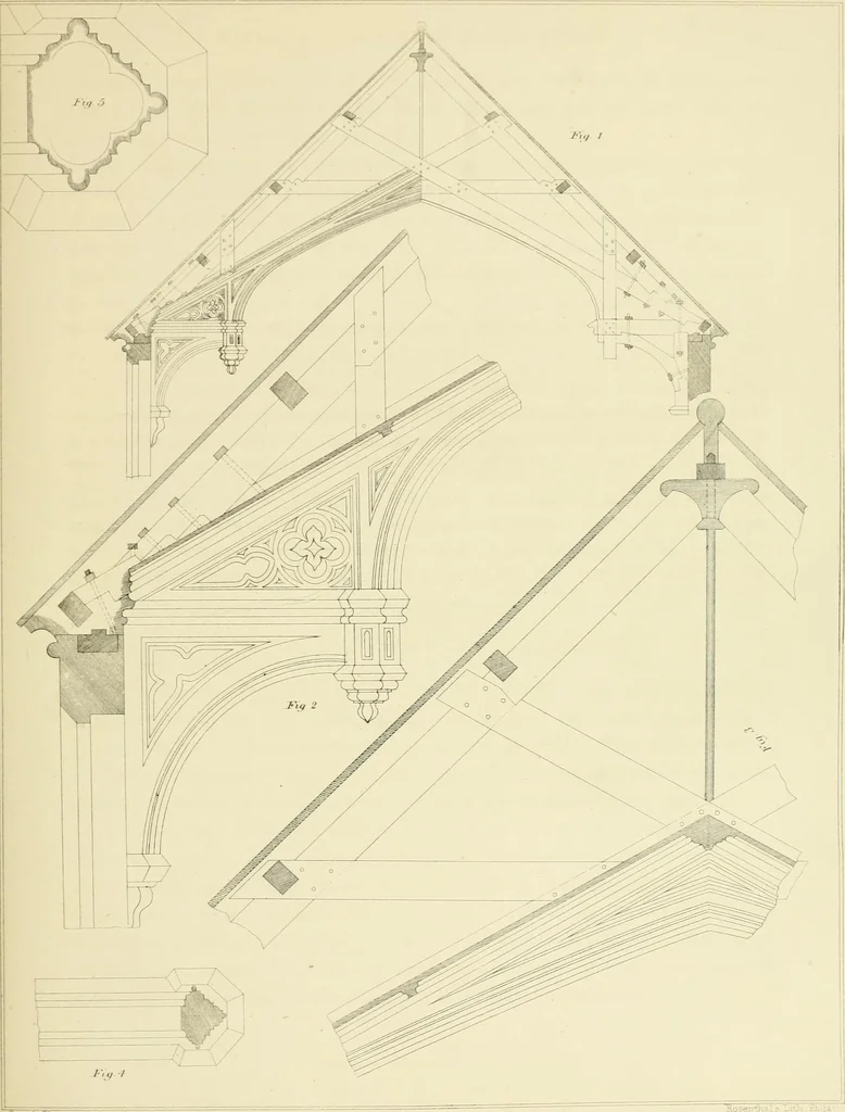 An illustration from Sloan's constructive architecture : a guide to the practical builder and mechanic. In which is contained a series of designs for domes, roofs and spires, with a number of plates showing the interior construction and finish of bays, window shutters, sliding doors, etc., designed expressly for the joiners use; choice examples of the five orders of architecture, selected fromthe most celebrated specimens of antiquity, with the figured dimensions of their height, projection and profile, and their division into parts,; to which is added a number of useful geometrical problems, examples of groins, centering for arches, diagrams of stair lines, with architraves, door mouldings, etc., the whole being accompanied by explanatory text and general essays, to which is appended a copious glossay, 1859, leaf 88