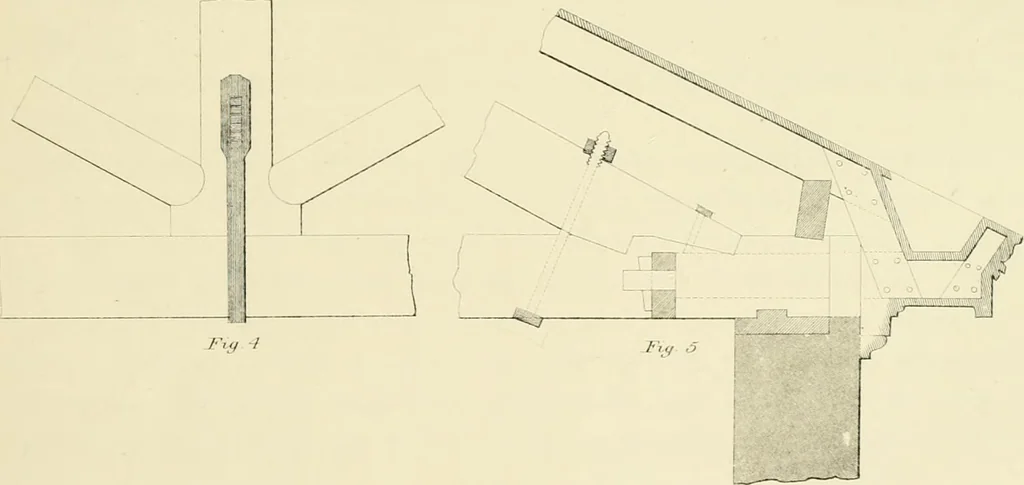 An illustration from Sloan's constructive architecture : a guide to the practical builder and mechanic. In which is contained a series of designs for domes, roofs and spires, with a number of plates showing the interior construction and finish of bays, window shutters, sliding doors, etc., designed expressly for the joiners use; choice examples of the five orders of architecture, selected fromthe most celebrated specimens of antiquity, with the figured dimensions of their height, projection and profile, and their division into parts,; to which is added a number of useful geometrical problems, examples of groins, centering for arches, diagrams of stair lines, with architraves, door mouldings, etc., the whole being accompanied by explanatory text and general essays, to which is appended a copious glossay, 1859, leaf 92