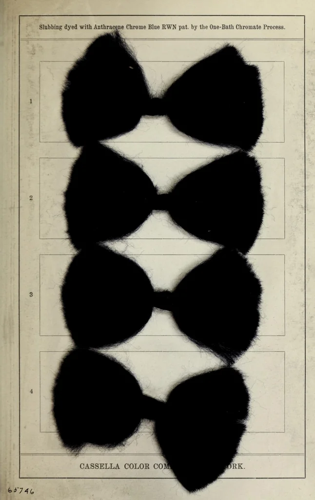 An illustration from Slubbing dyed with anthracene chrome blue RWN pat. : by the one-bath chromate process, 1900, leaf 5