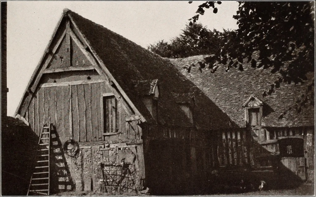 An illustration from Small French buildings; the architecture of town and country, comprising cottages, farmhouses, minor chateaux or manors with their farm groups, small town dwellings, and a few churches, 1921, leaf 188