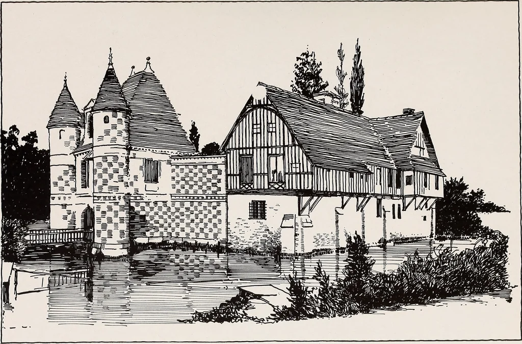 An illustration from Small French buildings; the architecture of town and country, comprising cottages, farmhouses, minor chateaux or manors with their farm groups, small town dwellings, and a few churches, 1921, leaf 206