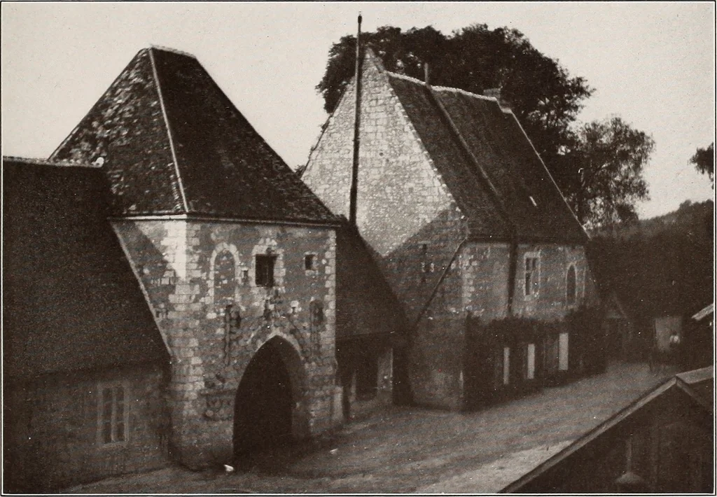 An illustration from Small French buildings; the architecture of town and country, comprising cottages, farmhouses, minor chateaux or manors with their farm groups, small town dwellings, and a few churches, 1921, leaf 216