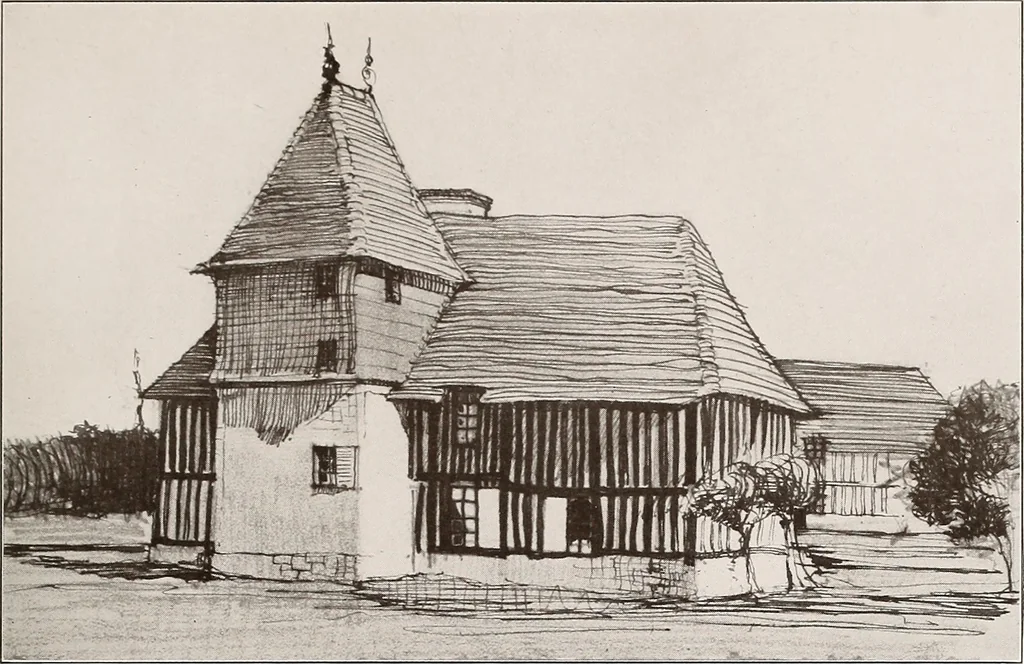 An illustration from Small French buildings; the architecture of town and country, comprising cottages, farmhouses, minor chateaux or manors with their farm groups, small town dwellings, and a few churches, 1921, leaf 54