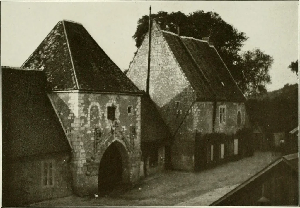 An illustration from Small French buildings; the architecture of town and country, comprising cottages, farmhouses, minor chateaux or manors with their farm groups, small town dwellings, and a few churches, 1921, leaf 216