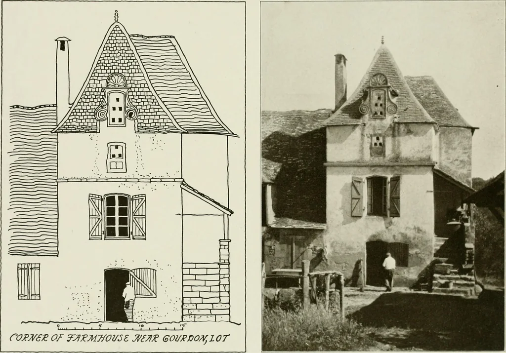 An illustration from Small French buildings; the architecture of town and country, comprising cottages, farmhouses, minor chateaux or manors with their farm groups, small town dwellings, and a few churches, 1921, leaf 228