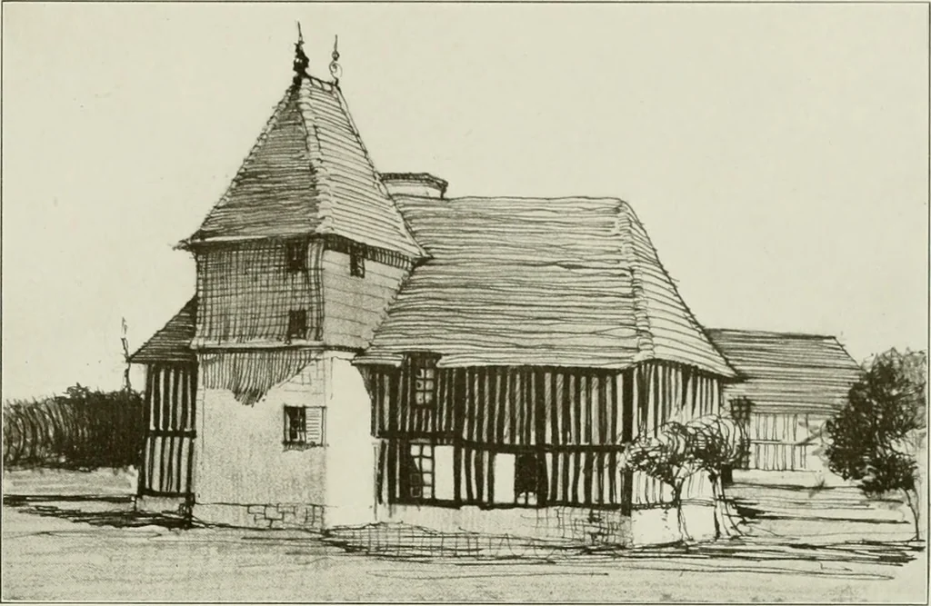 An illustration from Small French buildings; the architecture of town and country, comprising cottages, farmhouses, minor chateaux or manors with their farm groups, small town dwellings, and a few churches, 1921, leaf 54