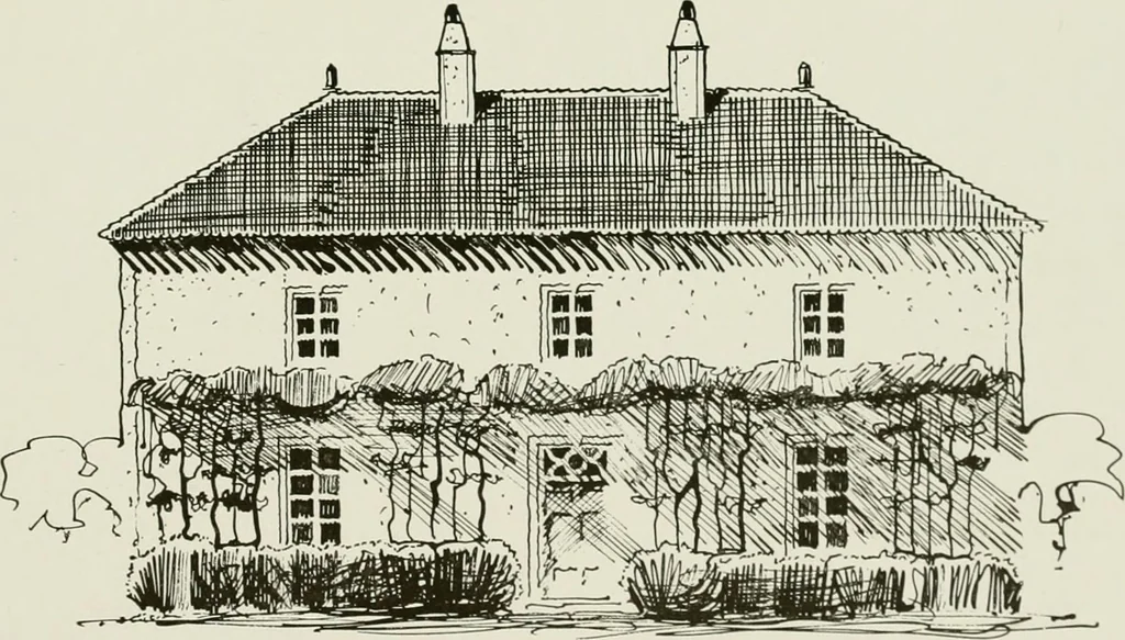 An illustration from Small French buildings; the architecture of town and country, comprising cottages, farmhouses, minor chateaux or manors with their farm groups, small town dwellings, and a few churches, 1921, leaf 72
