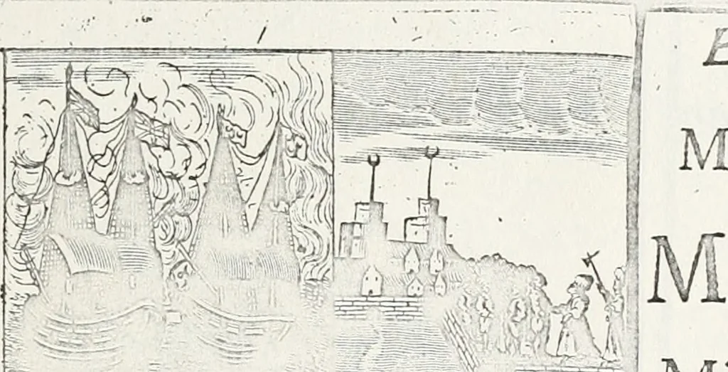 An illustration from Eben-ezer, or, A small monument of great mercy [electronic resource] : appearing in the miraculous deliverance of William Okeley, William Adams, John Anthony, John Jephs, John -- Carpenter from the miserable slavery of Algiers : with the wonderful means of their escape in a boat of canvas, the great distress and utmost extremities which they endured at sea for six days ... and the following providences of God which brought them safe from England, 1676, leaf 4