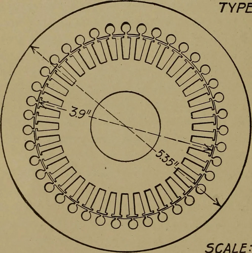 An illustration from Small motors, transformers, electromagnets; a practical presentation of design and construction data for small motors, small low- and high-tension transformers, electromagnets, and induction coils, 1920, leaf 73